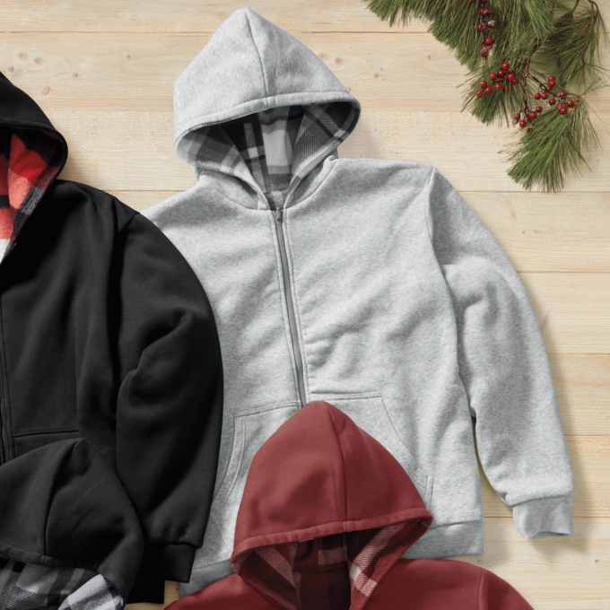 Fleece Reversible Hoodie, Gray Gray Plaid, large