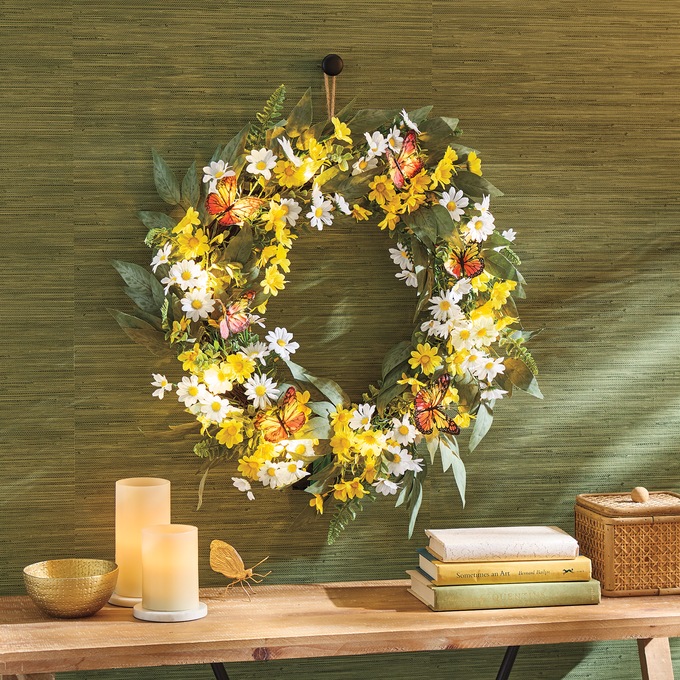Yellow and White Lit Butterfly Wreath, , large