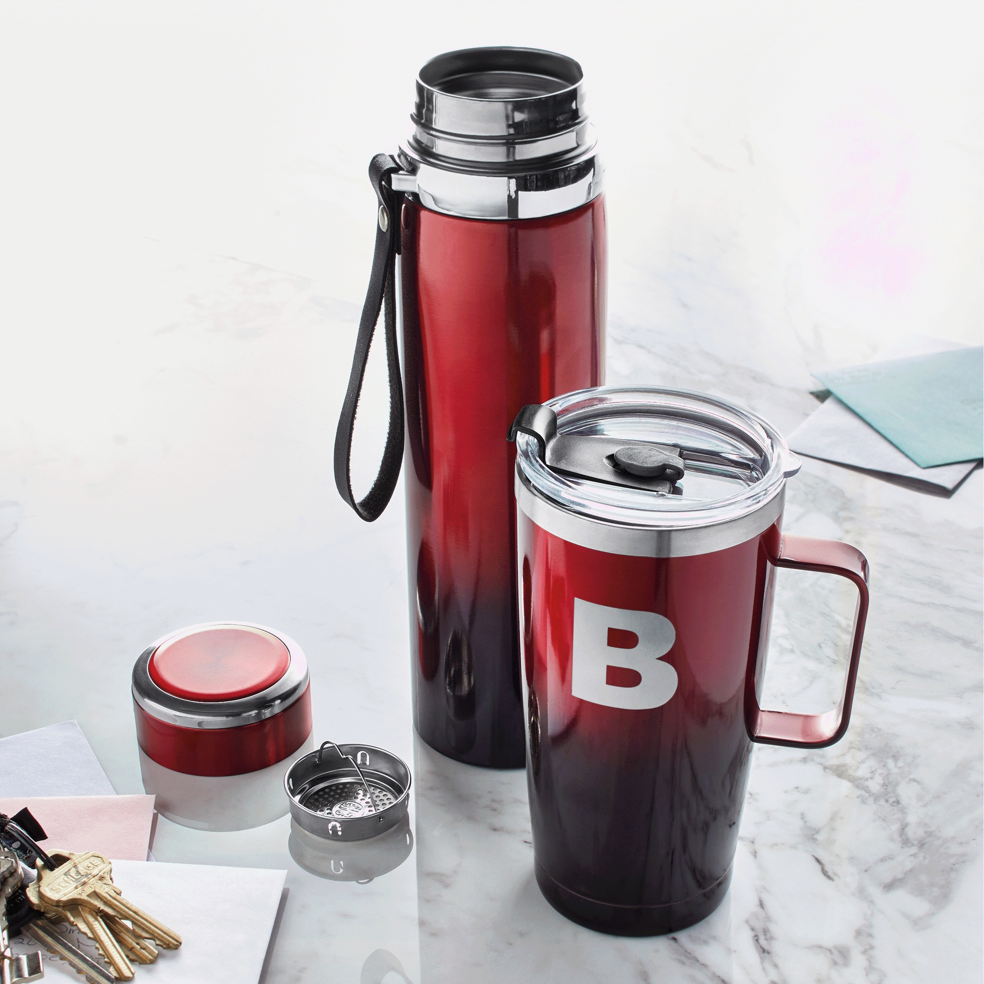 2-Piece Thermal Bottle and Travel Mug Set, Red Ombre, large