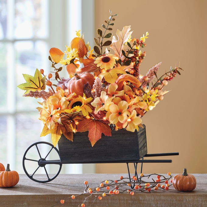 Lit Harvest Wheelbarrow Faux Floral Arrangement, Multi, large
