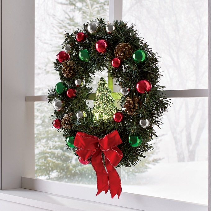 Holiday Ornament Wreath with Mini Lighted Tree, , large