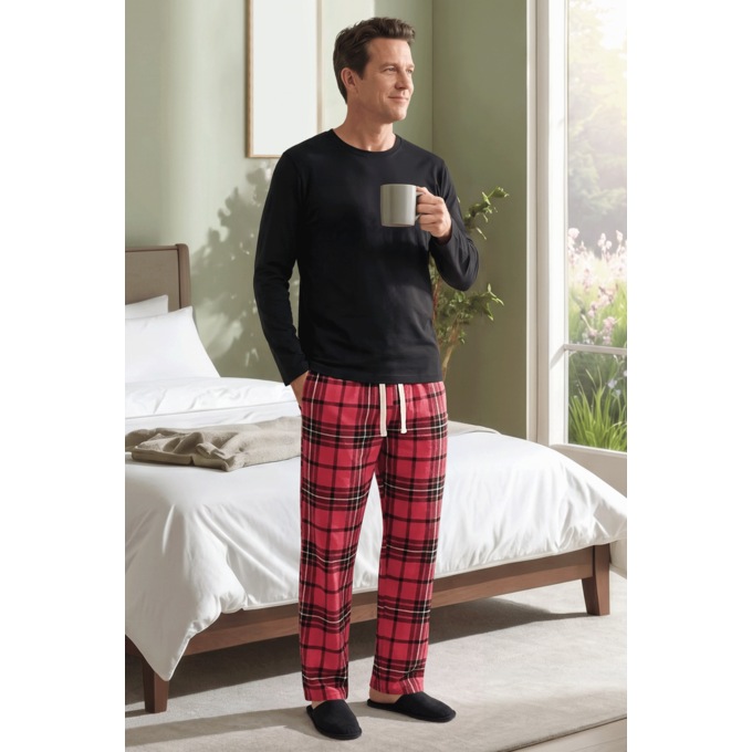 Value 2-Piece Men's PJ Set with Crew Top and Plaid Bottoms, , large