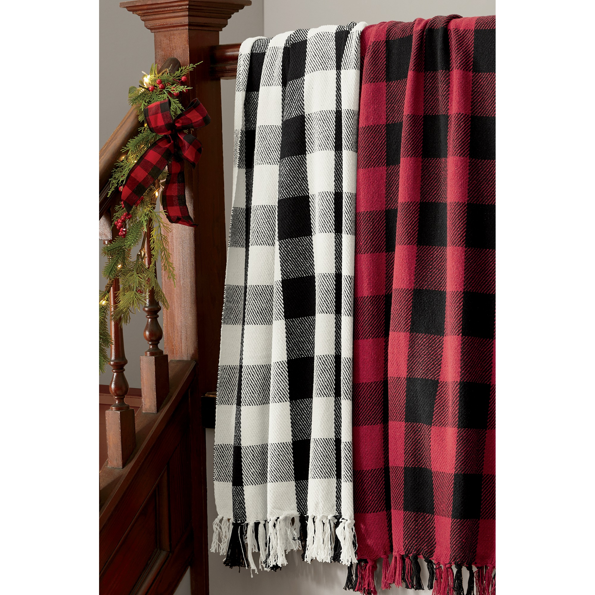 Fringed Buffalo Check Throw, White Black, large