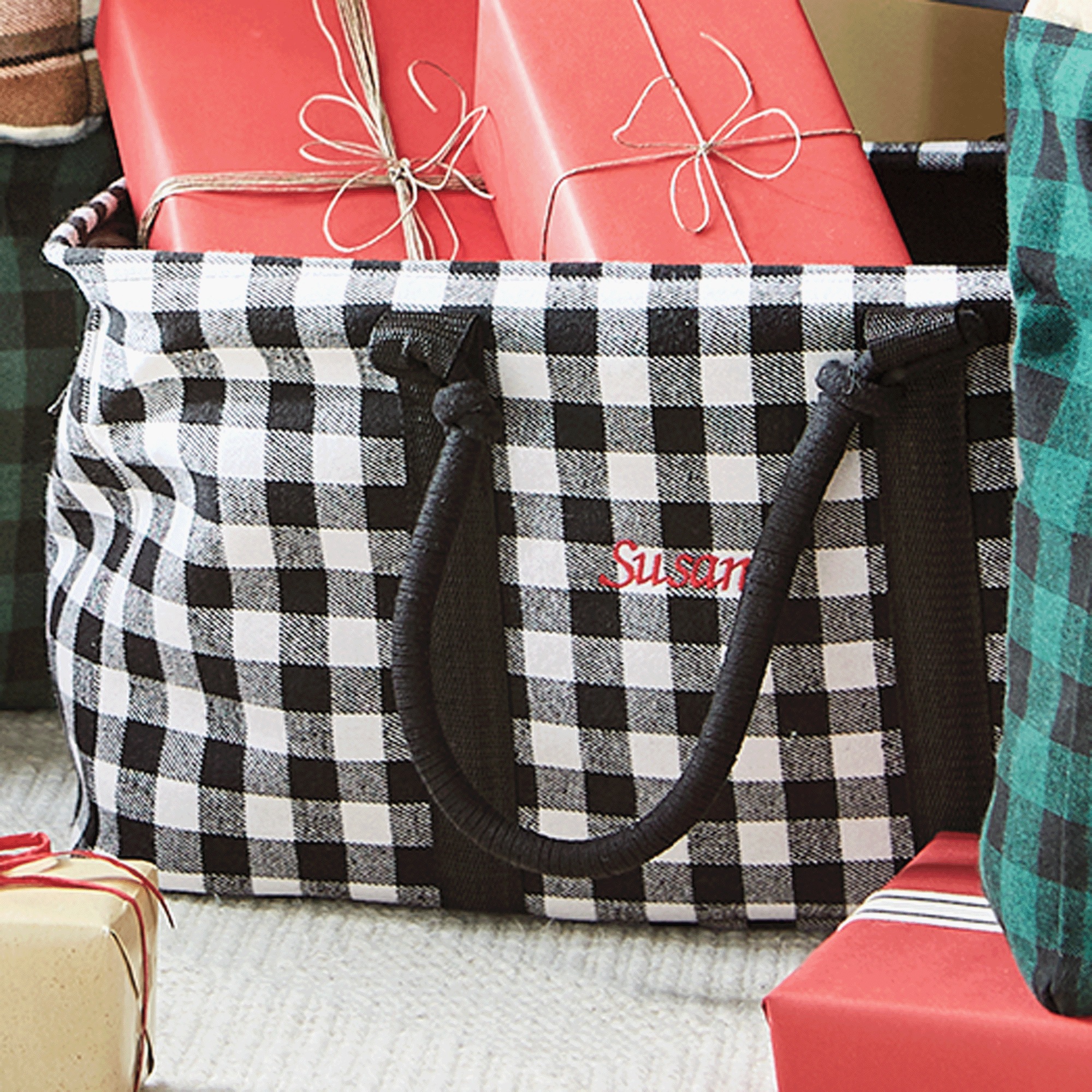 Farmhouse Utility Tote, Black White Check, large