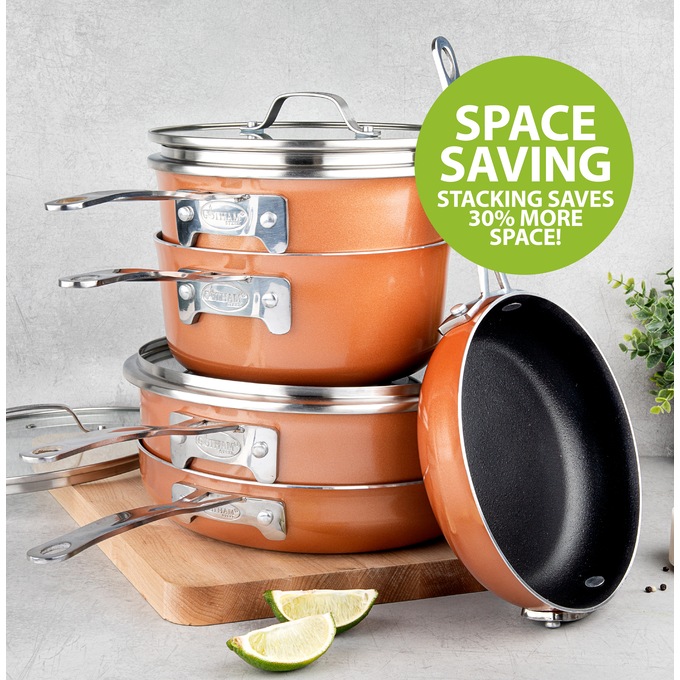 Gotham Steel Copper Cast Textured Stackmaster Nonstick Space Saving 3 Piece Cookware  Set