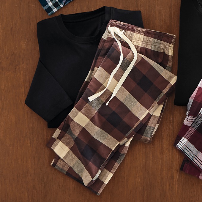 Value 2-Piece Men's PJ Set with Crew Top and Plaid Bottoms, Brown Khaki Plaid, large