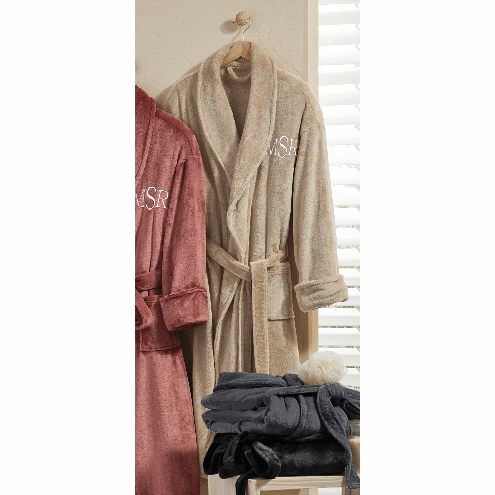 Unisex Plush Fleece Robe with Monogram Personalization Option, Almond, large