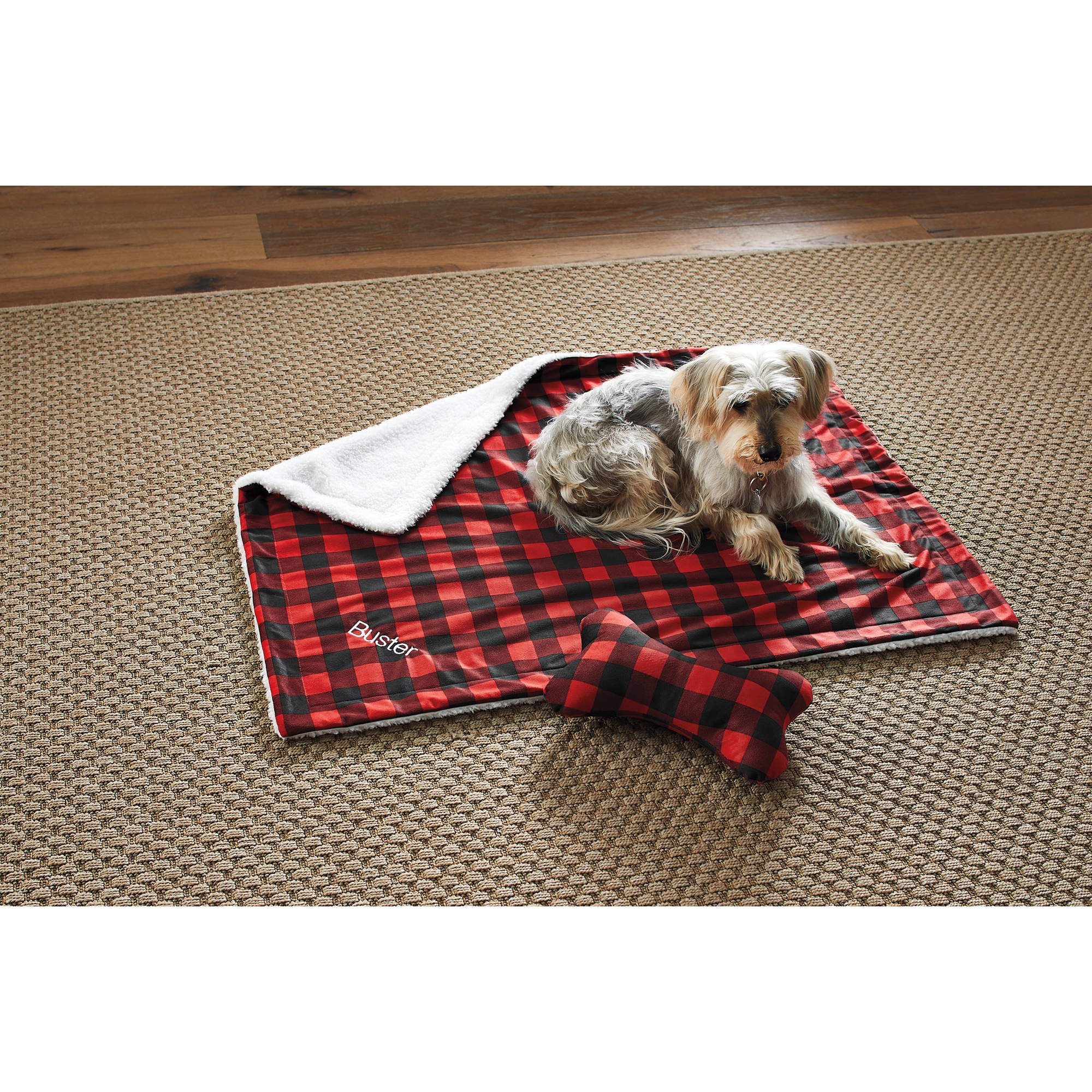 Faux-Sherpa Pet Blanket with Plush Toy, Red Black Plaid, large