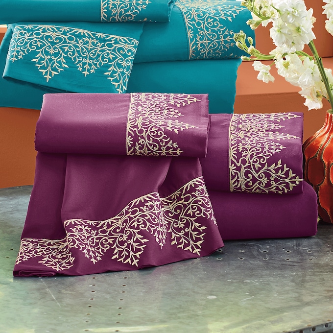 Moroccan-Style Embroidered Hem Sheet Set, Plum, large