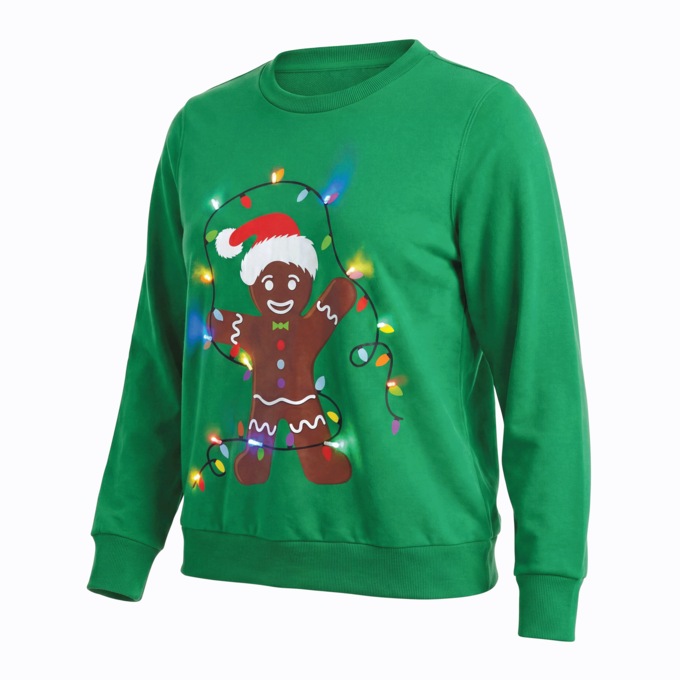 Light-Up Gingerbread Man Crewneck Sweatshirt with Holiday Lights, , large