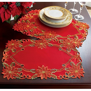 4-Piece Embroidered Poinsettia Placemat Set, , large