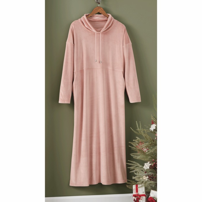So Cozy Stretch Velour Lounger Maxi Gown with Drawstring Cowl , , large