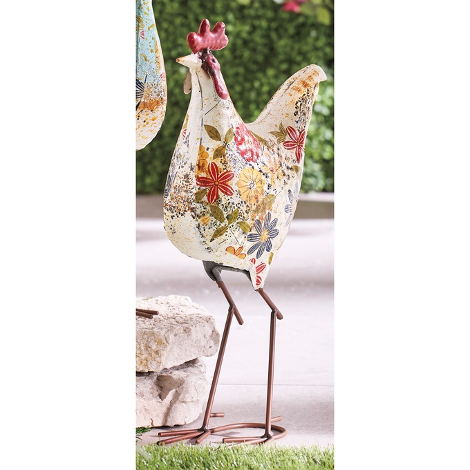 Floral Rooster Statue, Ivory, large
