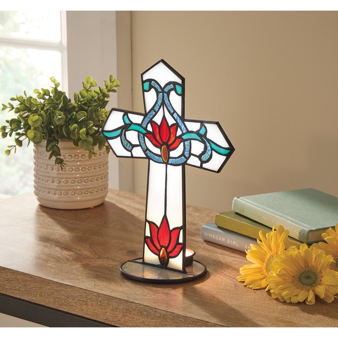 Stained Glass Cross Candleholder, , large
