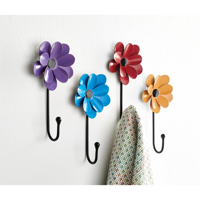 Set of 4 Bright Flower Wall Hooks, , large