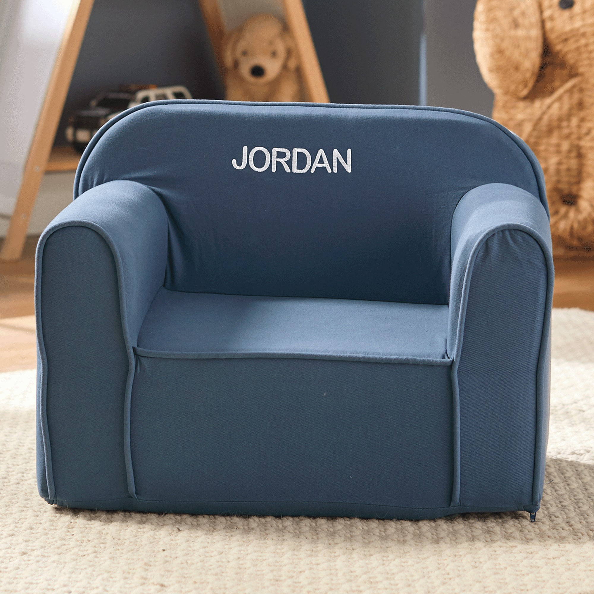 Personalized Kids&rsquo; Lightweight Foam Chair with Washable Cover and Carry Handle, Indigo Blue, large