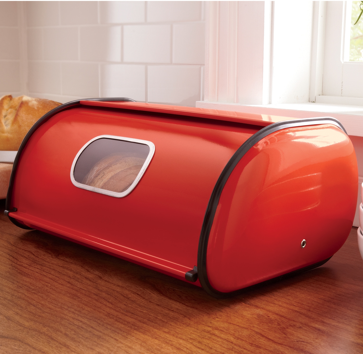 Ventilated Countertop Metal Breadbox with Window, Red, large