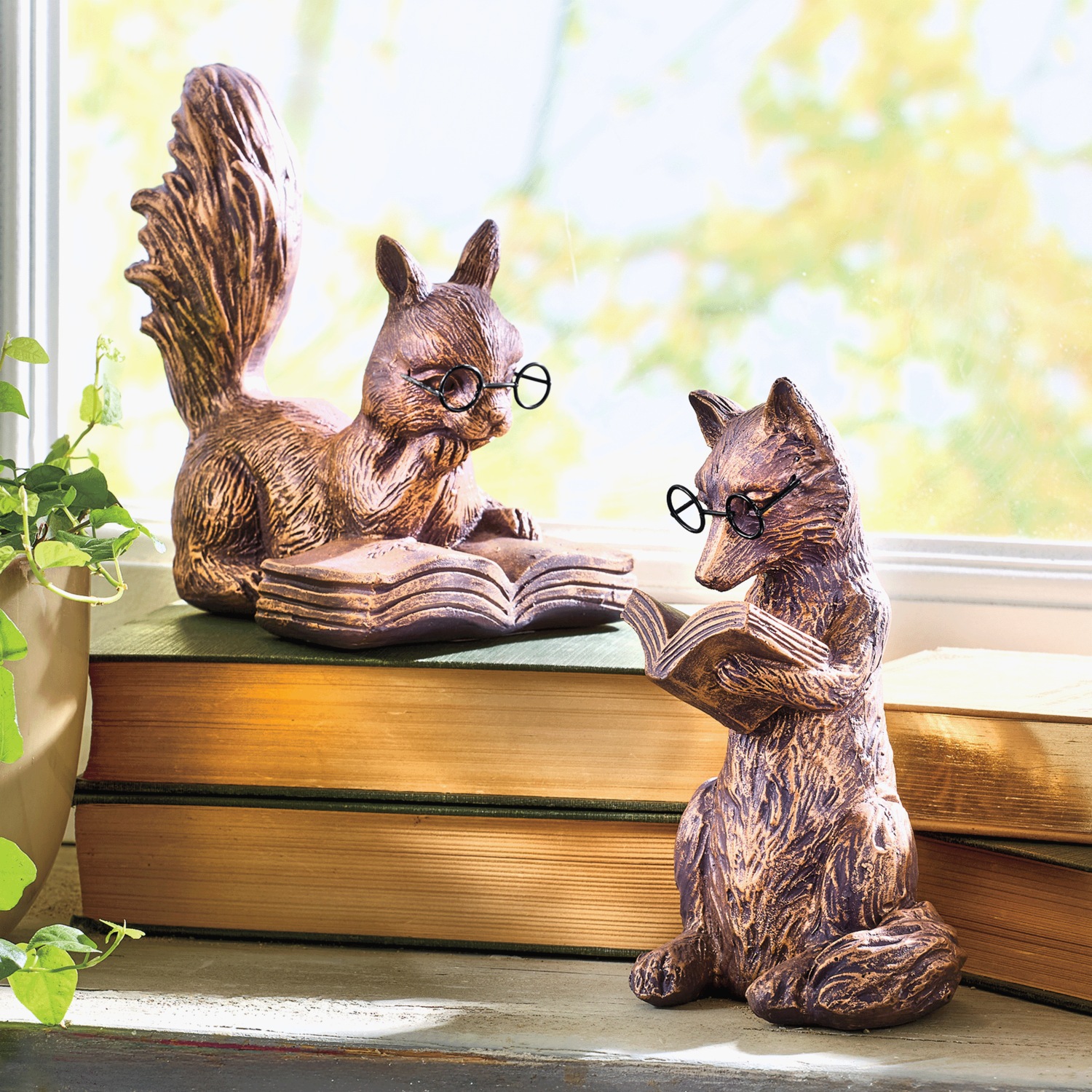 Hand-Painted Resin Reading Critter Figurine - Fox or Squirrel with