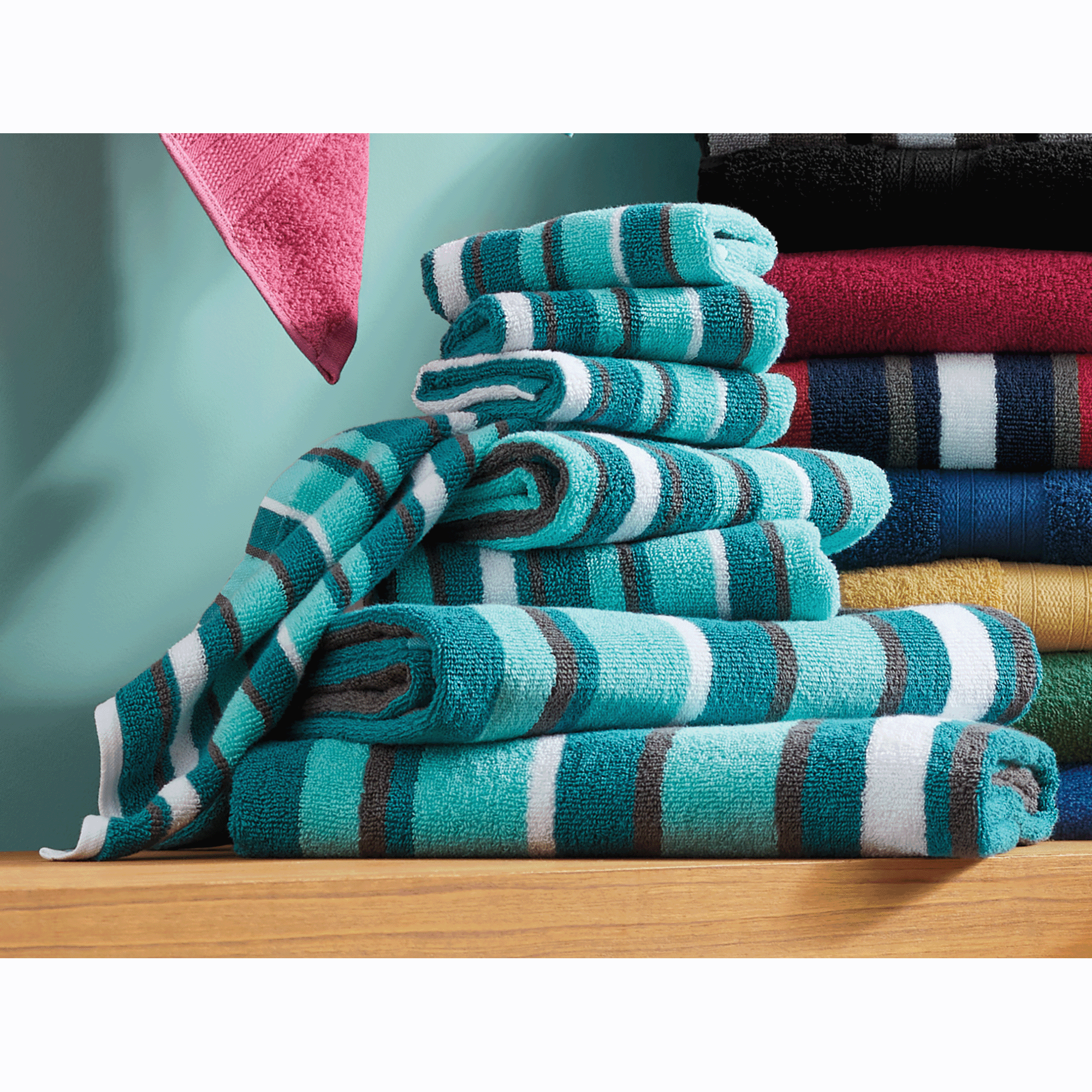Color Connection Cotton Bath Towel Set, 8 Pieces, Teal Stripe, large