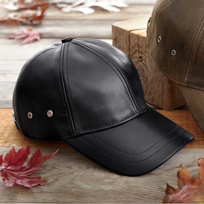 Leather Baseball Cap, Black, large