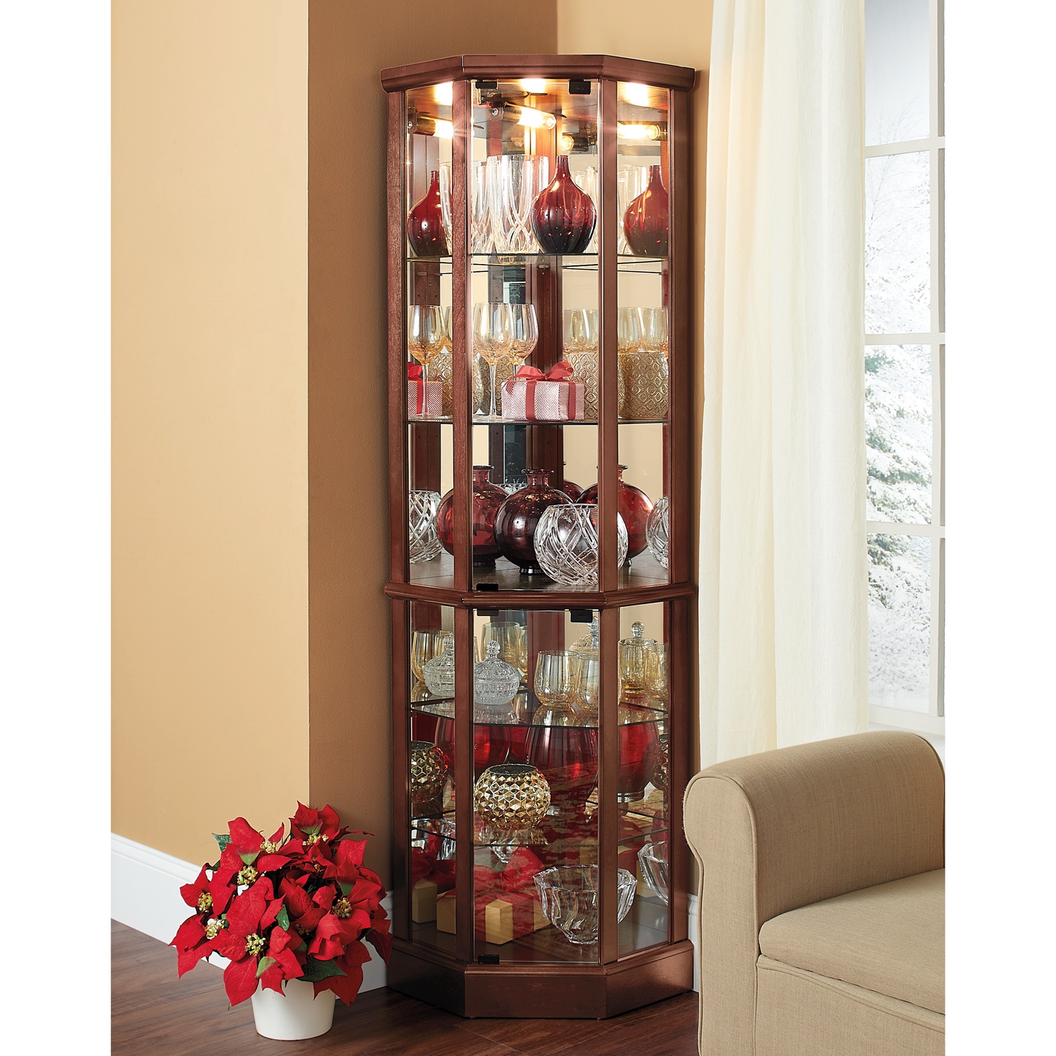 Tessa Lighted Corner Curio Cabinet Swiss Colony