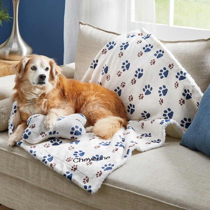 Faux-Sherpa Pet Blanket with Plush Toy, , large