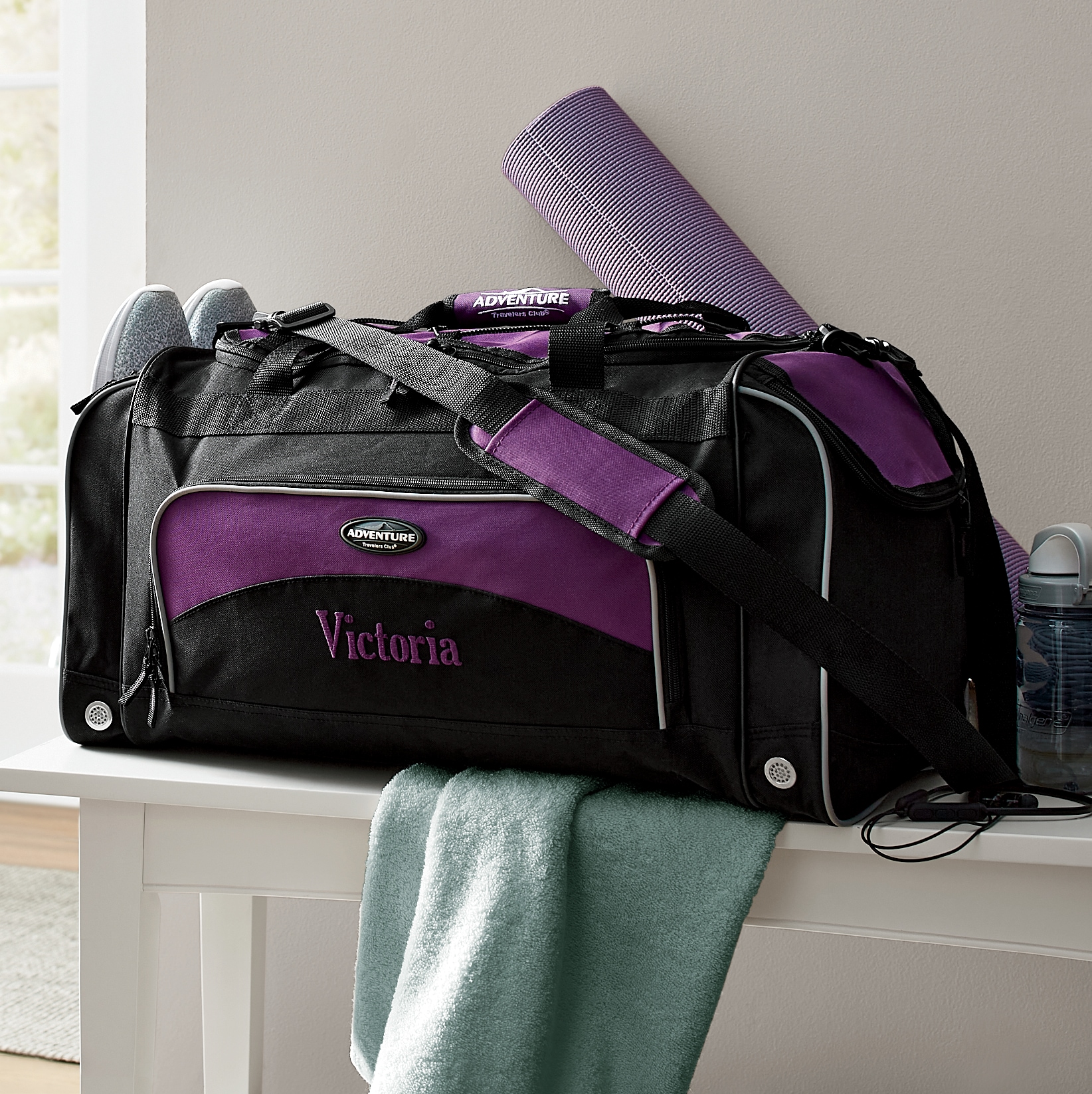 Personalized Duffel Bag with Shoe Pocket and Lockable Zips, Purple Two Tone, large