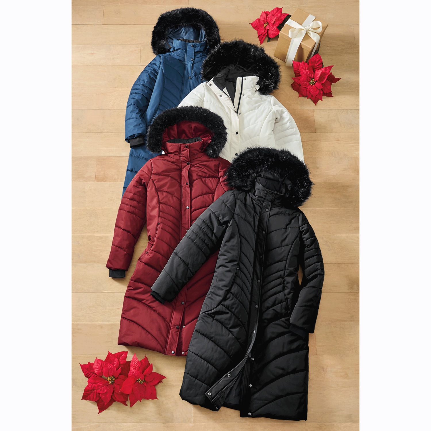 Snowfall Quilted Puffer Duffle Coat with Removable Faux-Fur and
