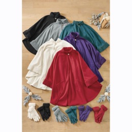 Sherpa-Trimmed Matching Fleece Cape with Gloves, , large