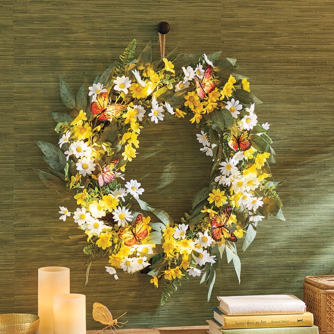 Yellow and White Lit Butterfly Wreath, , large