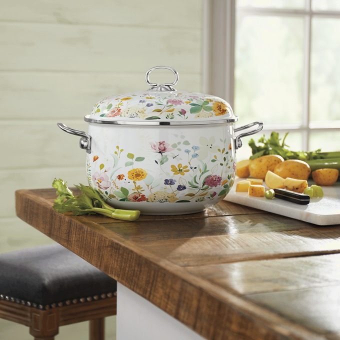 Floral Enameled Steel Stockpot with Lid, White