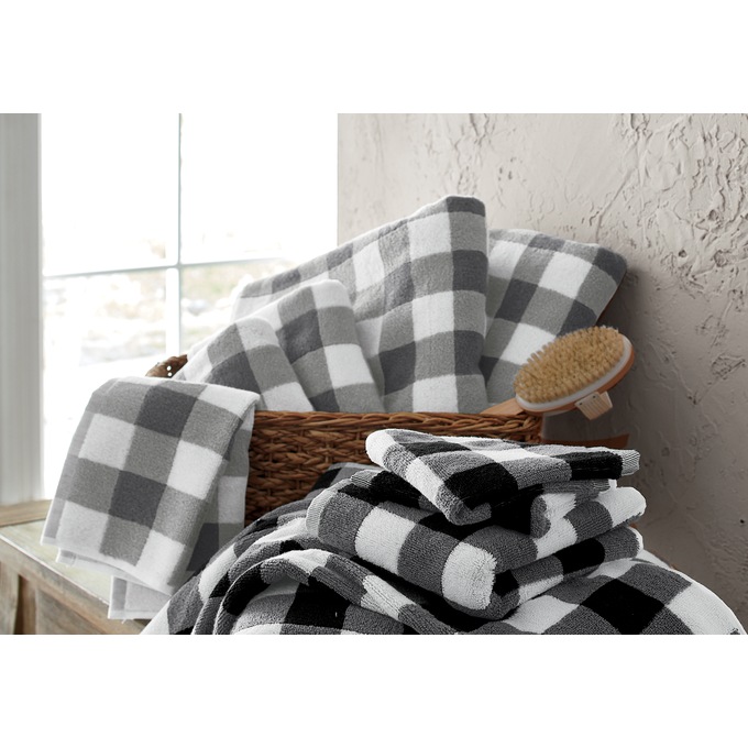 Gray and White Buffalo Plaid Pattern Hand & Bath Towel by