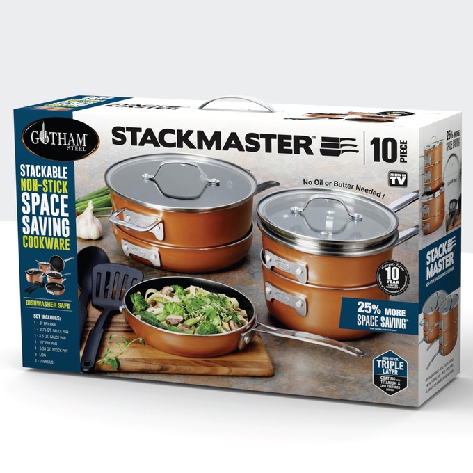 Gotham Steel Stackmaster 10-Piece Cast Textured Space-Saving Cookware Set, , large