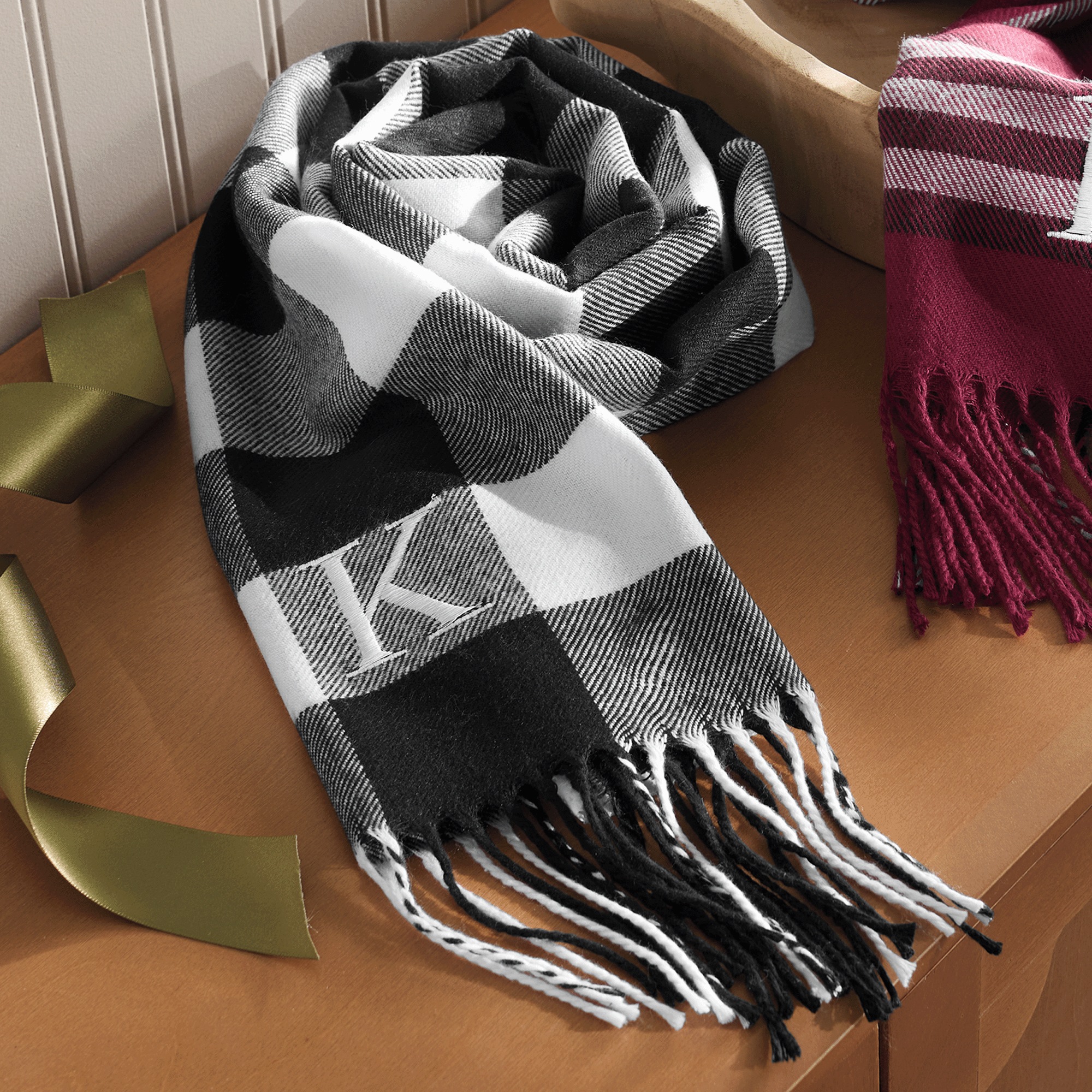 Men's Plaid Scarf, Black White, large
