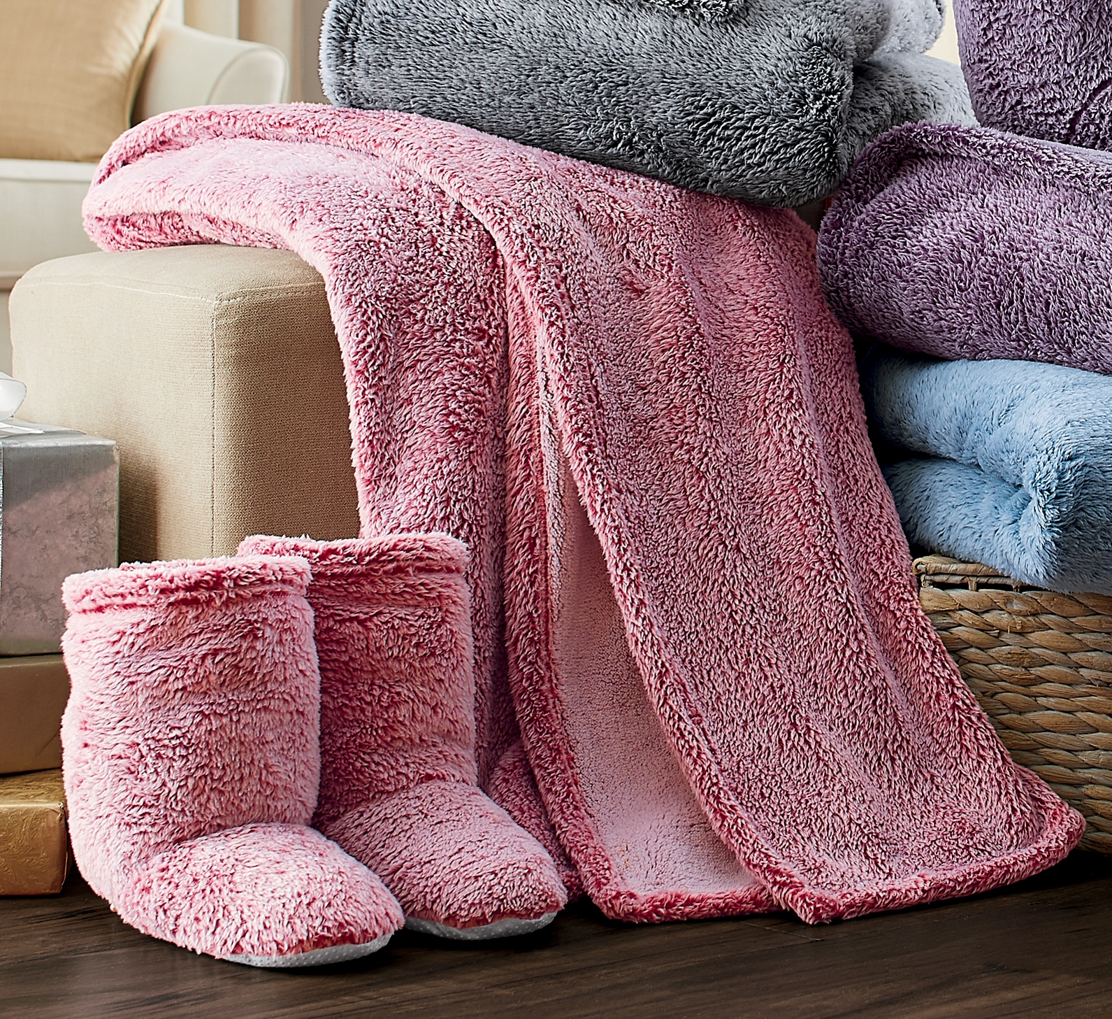 Ultraplush Throw Blanket and Bootie Slippers Gift Set, Cranberry Marled, large