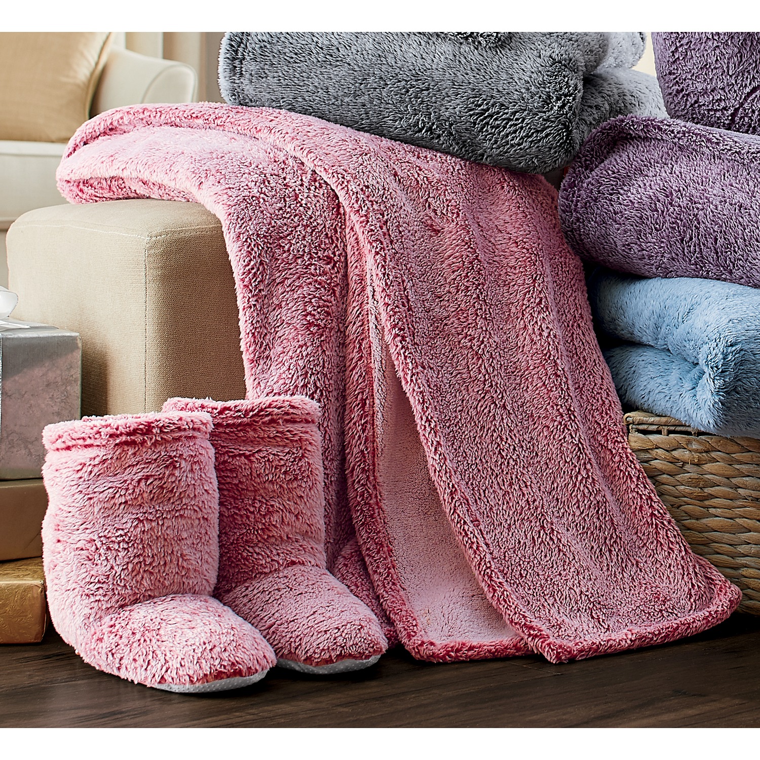 Ultraplush Throw Blanket and Bootie Slippers Gift Set Swiss Colony