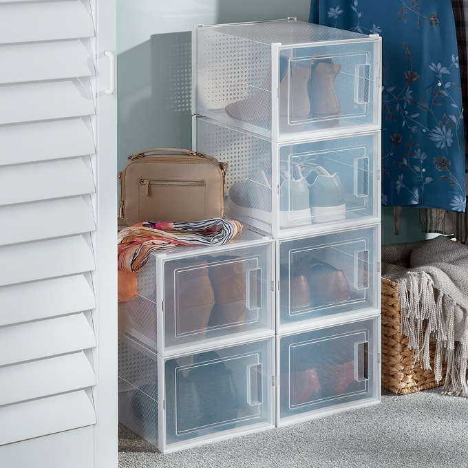 Set of 6 Stackable Shoe Boxes with Doors, , large