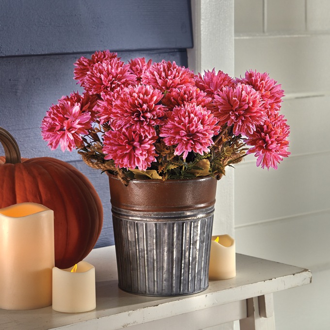 Faux Mums in Galvanized Pot, Purple, large