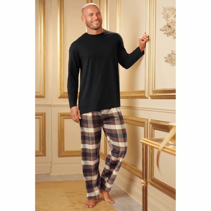 Value 2-Piece Men's PJ Set with Crew Top and Plaid Bottoms, Brown Khaki Plaid, large