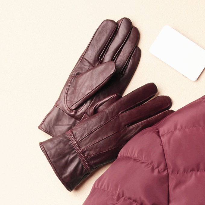 Classic Cinched Leather Gloves, Burgundy, large