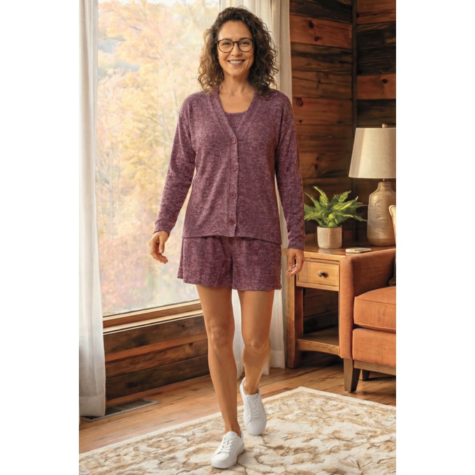 3-Piece Women&rsquo;s PJ Set with Cardigan, Tank Top and Shorts in Soft Rib Knit, , large