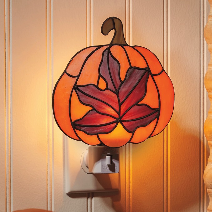 Stained Glass Maple Leaf Pumpkin Night-Light, Multi, large