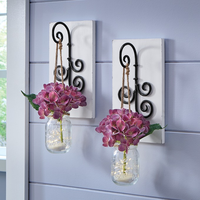 Set of 2 Scroll Wall Hooks and Set of 2 Lit Hanging Hydrangea in Jar - Buy Both & Save, , large