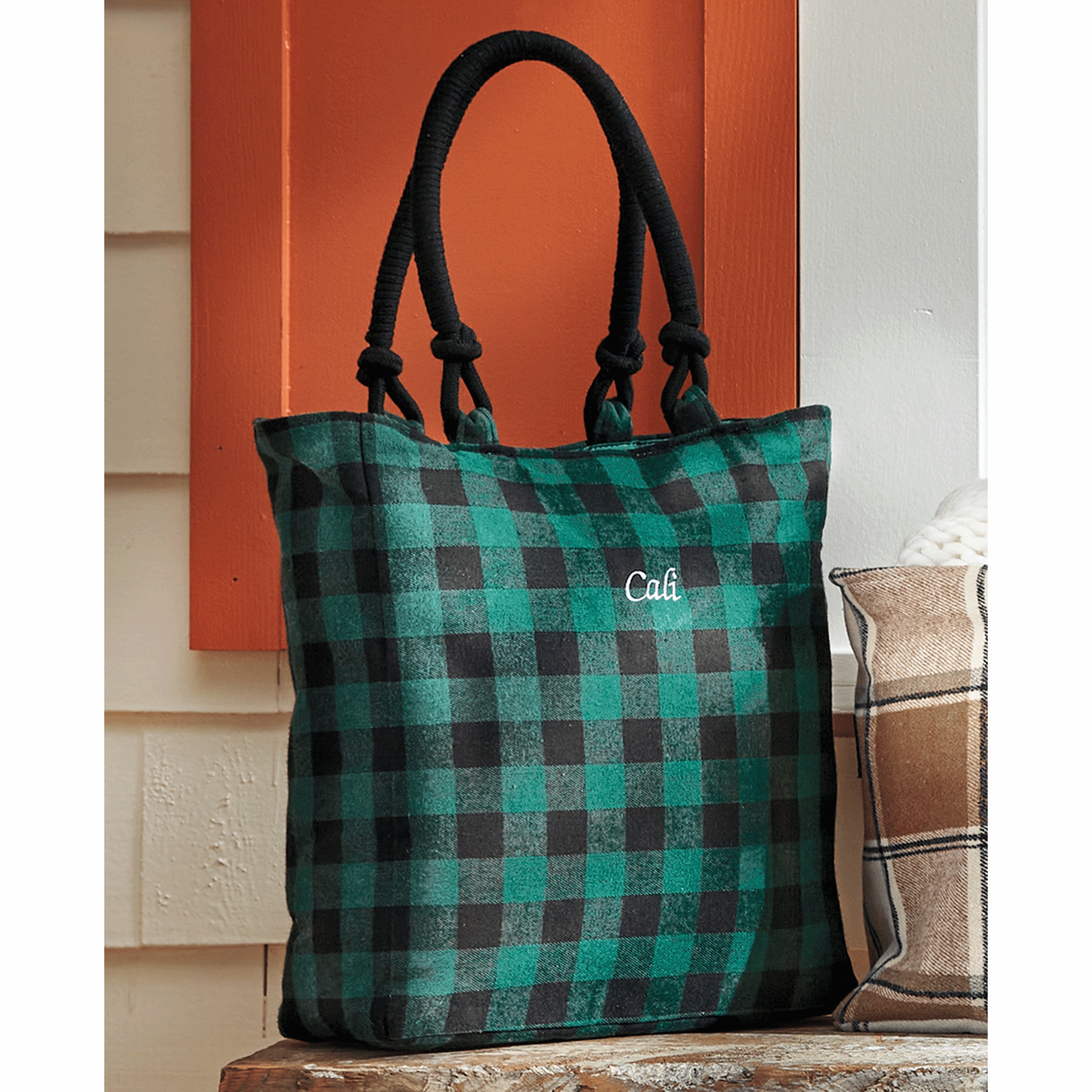 Personalized Farmhouse Tote, Black Pine Check, large