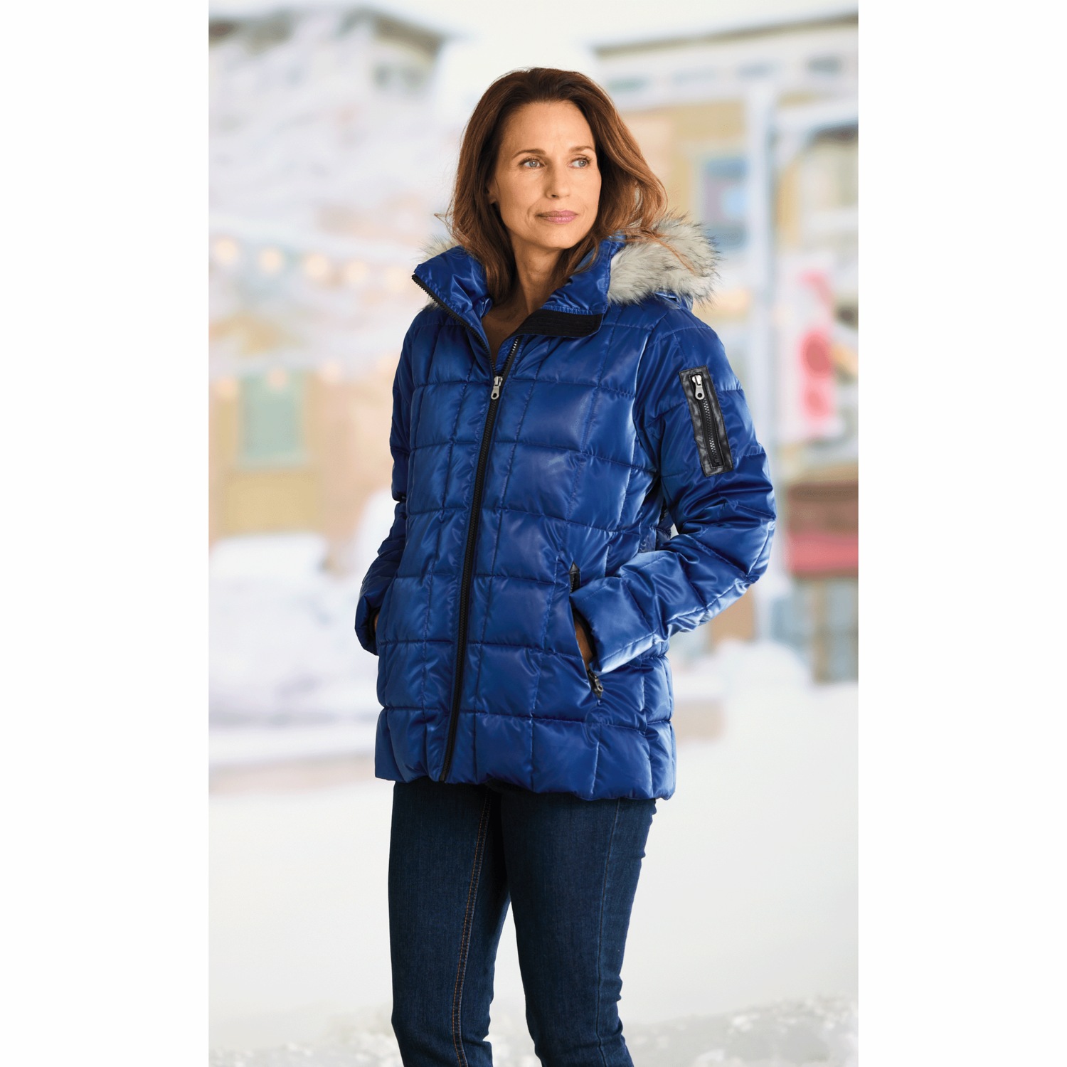 Mia Shiny Puffer Jacket with Faux-Fur Hood | Swiss Colony