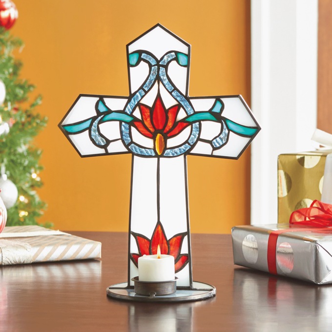 Stained Glass Cross Candleholder, , large