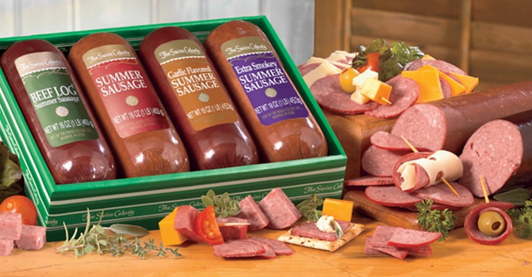 Green gift box with four summer sausages: Beef Log, Original, Garlic and Extra Smokey