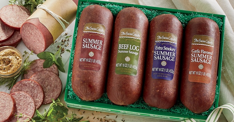 Holiday Treasure gift box filled with sausages, cheeses, mustard and sweets
