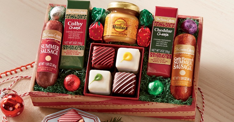 Holiday Treasure gift box filled with sausages, cheeses, mustard and sweets